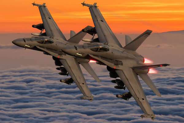 Boeing F / A-18E / F Super Hornet in flight above the clouds
