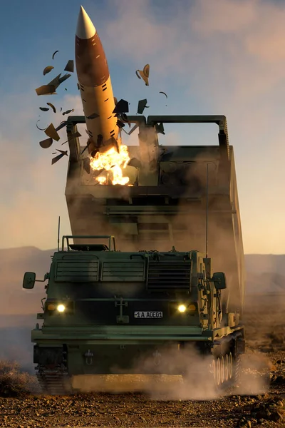 M270 Multiple Launch Rocket System Firing Mgm 140 Atacms Missile — Stock Photo, Image