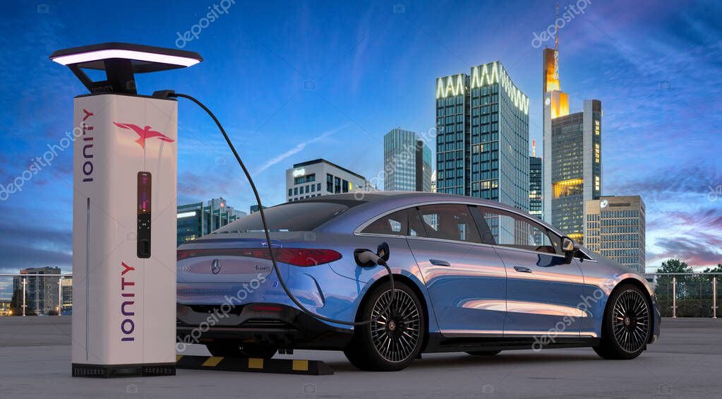 Electric, luxurious Mercedes EQS while charging with IONITY charger