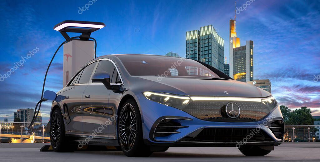 Electric, luxurious Mercedes EQS while charging with IONITY charger