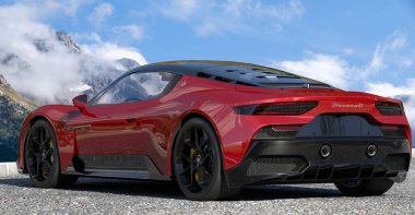 Maserati MC20 against a beautiful landscape