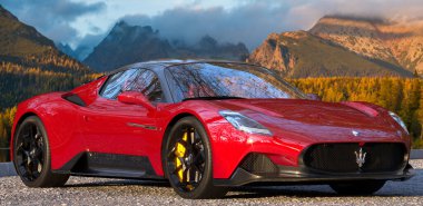 Maserati MC20 against a beautiful landscape