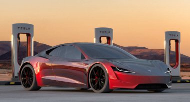 Tesla Roadster at fast charging station
