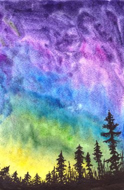 Suluboya arka plan. Kuzey ışıkları. Fırça boyalı resimleme.