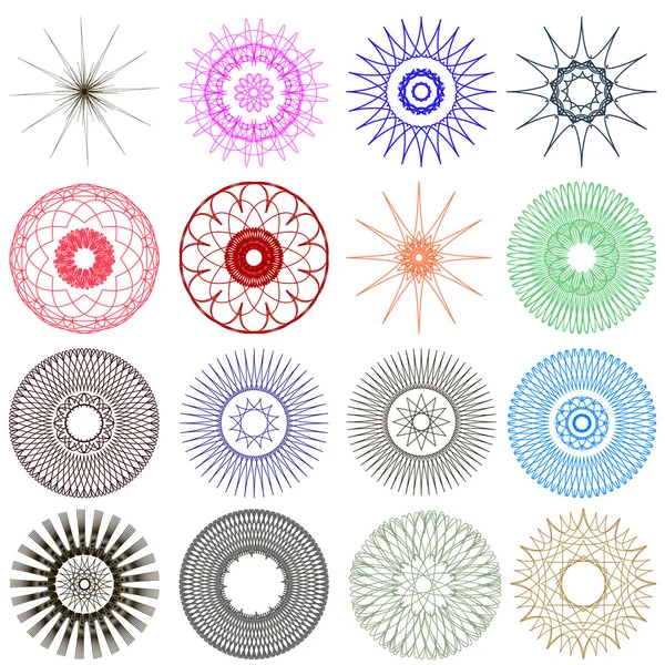 Sebuah ilustrasi vektor spirograf dalam berbagai bentuk dan warna - Stok Vektor