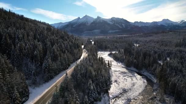 Вид Повітря Гірську Скручену Дорогу Взимку Епічна Засніжена Біла Зима — стокове відео