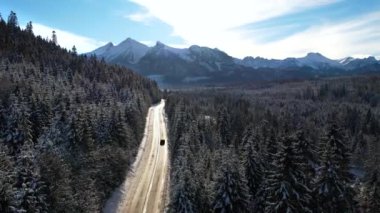 Kış aylarında dağlık yol manzarası ve sürüş arabası. Dağlarda destansı, karlı beyaz kış. Yüksek kayalık dağlar ve donmuş ormanda temiz bir yol.. 
