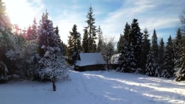Dağlardaki kar kaplı kulübenin havadan görünüşü. Karlı beyaz kış manzarası. Kış ormanının ortasında karla kaplı güzel bir dağ evi ya da kulübe. Efsanevi kış manzarası.