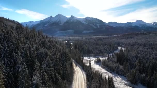 Paesaggio Montano Invernale Vista Aerea Strada Tortuosa Montagna Nell Inverno — Video Stock