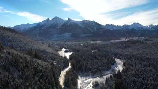 Vista Aerea Della Strada Tortuosa Montagna Inverno Inverno Epico Bianco — Video Stock