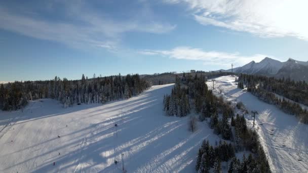 壮大な山のパノラマ 空中ビューで有名なスキーリゾート スキー場とスキーヤーは斜面を滑り降りていきます スキーリフト付きの美しいスキーリゾートと新鮮な白い雪と冬の景色 — ストック動画