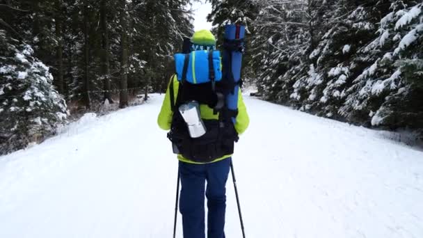 Человек Наружным Рюкзаком Гуляет Горах Зимой Пешие Прогулки Лесу Покрытые — стоковое видео