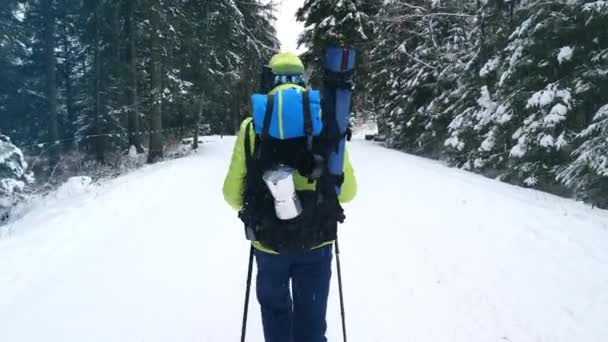 Homem Com Mochila Livre Andando Nas Montanhas Inverno Enquanto Neva — Vídeo de Stock