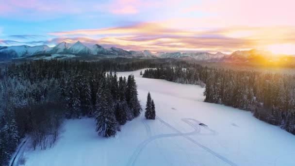 Kışın Karla Kaplı Dağlar Hava Manzarası Kışlık Dağ Manzarası Renkli — Stok video