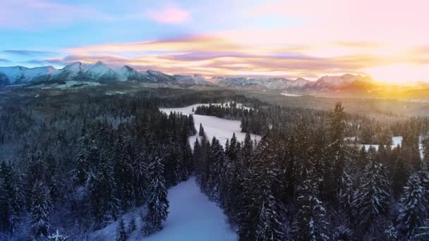 雪の冬には山のキャップ 空中ビュー 冬の山の風景とカラフルな夕日の空の空中ビュー タトラの高い山と魔法のように手付かずの風景 — ストック動画