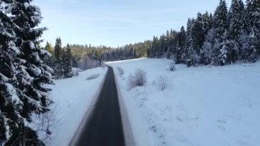 Kış dağlarındaki dağlık yolun havadan görünüşü. Efsanevi, karlı beyaz kış ve karlı orman. Donmuş ormandan geçen yol.