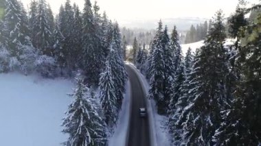 Kış aylarında dağlık yol manzarası ve sürüş arabası. Efsanevi, karlı beyaz kış ve karlı orman. Donmuş orman ve lüks sedan boyunca yol.