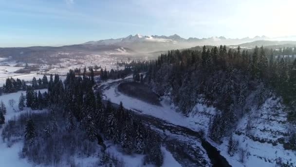 雪の白い冬の空中ビューで山の川 雪と氷と美しい山の景色で覆われたブルック 冬の絶景 — ストック動画