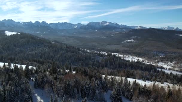 冬には山 空中ビュー 雪の空中ビューの山の風景キャップ タトラの高い山の範囲と魔法のような自然の風景 — ストック動画