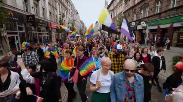 Katowice Poland September 2022 Lgbt Equality March Pride Parade 带着彩虹的年轻人走上街头 — 图库视频影像