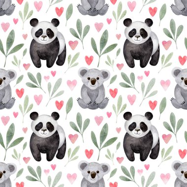 Suluboya panda ve güzel koala bebek kusursuz desen. Güzel el yapımı hayvanlar, pembe kalpler ve beyaz arka planda yeşil yapraklar. Bebek odası dekoru, tatlı pastel duvar kağıdı, hassas kumaş dokusu.