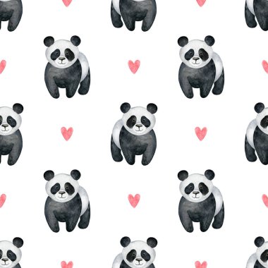 Basit, kusursuz bir hayvan deseni. Sevimli el yapımı panda ve beyaz arka planda izole edilmiş küçük pembe kalpler. Suluboya çizimi. Çocuk odası duvar kağıdı tasarımı, ambalaj kağıdı ve kumaş dokusu.