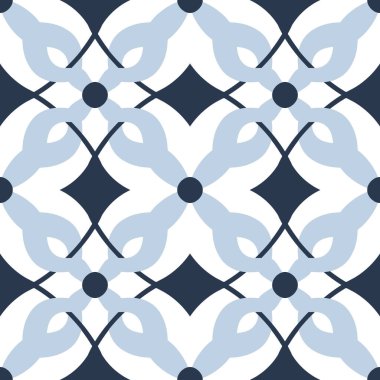 Zarif geometrik kusursuz desen. Beyaz arka planda açık mavi ve çivit renkli süsler, Rhombus ve daireler. Klasik seramik fayans tasarımı. Doğulu duvar kağıdı.