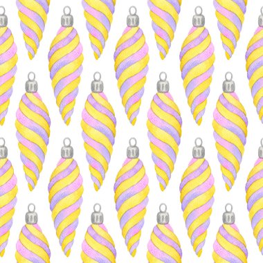 Sarı ve pembe çizgili Noel ağacı koni şeklindeki cam toplar klasik tarzda. Suluboya şekeri tatlı renkler bükülmüş el yeni yıl oyuncakları beyaza kusursuz desenler çizdi. Parlak kumaş, duvar kağıdı