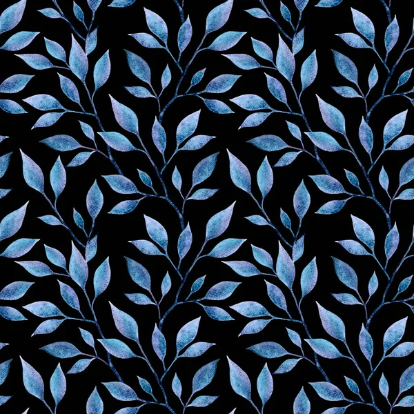 Blue watercolor leaves seamless pattern on a black background.