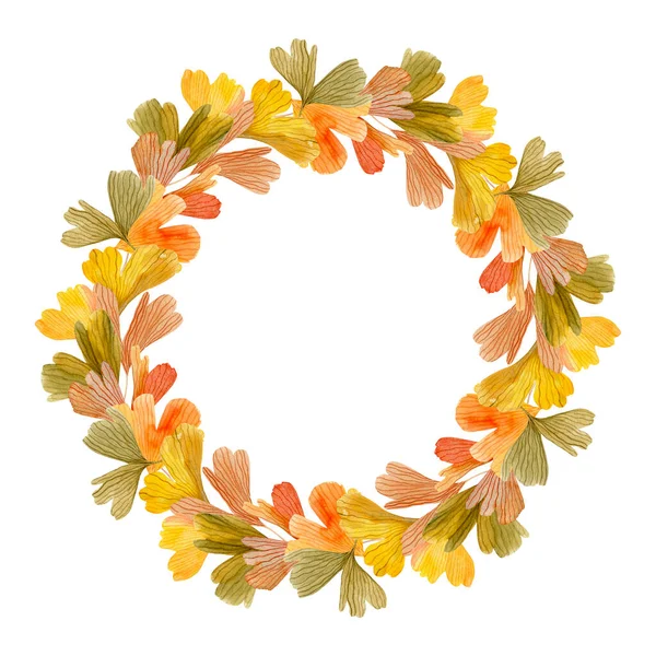 银杏叶水彩画 秋季花环 白色背景隔离 色彩斑斓的手绘树叶 带有空格文字的浪漫植物学圆框 — 图库照片
