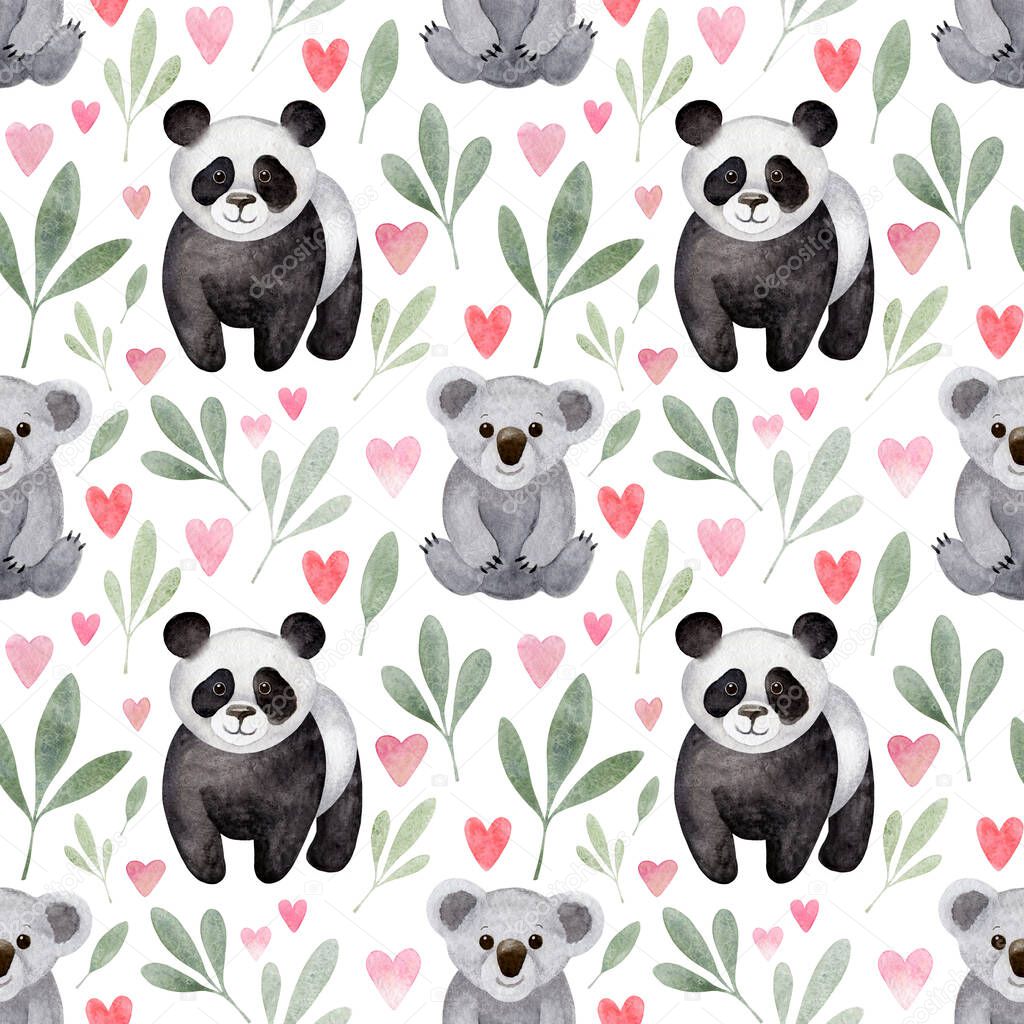 Watercolor panda bear and lovely koala baby seamless pattern. Cute hand-drawn animals, pink hearts, and green leaves on white background. Nursery decor, sweet pastel wallpaper, delicate fabric texture