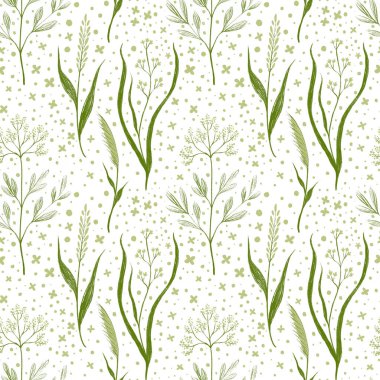 Beyaz arka planda yeşil el yapımı yabani otlar: pürüzsüz desen.