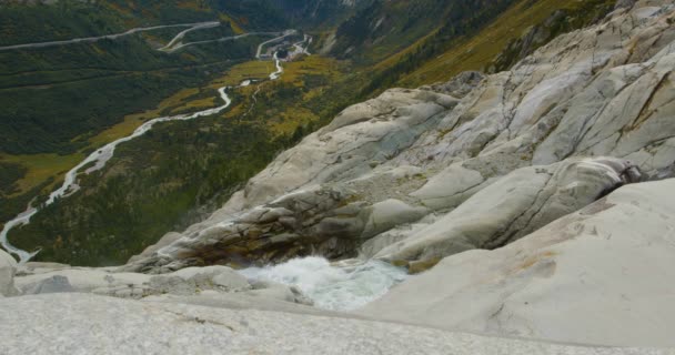 Geleira Derretida Nos Alpes Suíços Glaciar Rhone Nascente Rio Rhone — Vídeo de Stock