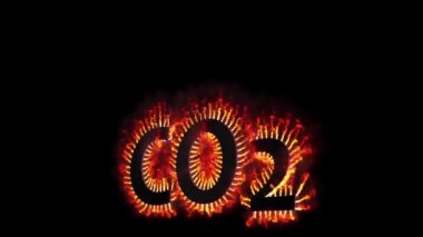 CO2 emisyonları, ekoloji konsepti. Siyah arka planda CO2 metni yanıyor. Harflerden çıkan alevler. 3B Hazırlama.