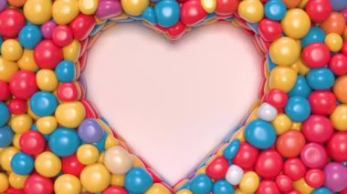 Ekranı dolduran parlak balonlar. Balonlar merkezde kalp şekli oluşturur. 3B görüntüleme.