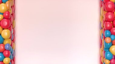 Ekranı dolduran parlak balonlar. Balonlar ortada dikdörtgen şeklini alırlar. 3B görüntüleme.