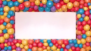 Ekranı dolduran parlak balonlar. Balonlar perdeyi aşağıdan doldurur. Balonlar ortada dikdörtgen şeklini alırlar. 3B görüntüleme.