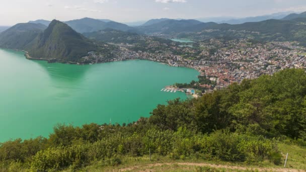 Timelapse Vista Panorâmica Cidade Lugano Vista Monte Bre Lago Lugano — Vídeo de Stock