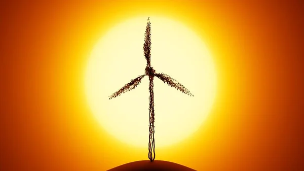 Ανεμοστρόβιλος Σιλουέτα Του Αναπτυσσόμενου Δέντρου Σχήμα Ανεμογεννήτριας Ακτίνες Του Ήλιου — Φωτογραφία Αρχείου