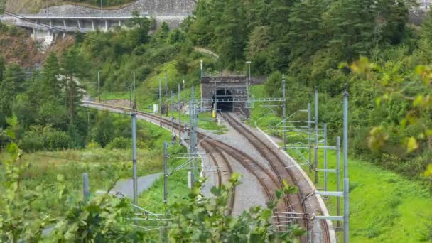 时间过去了从隧道里出来的火车从桥上俯瞰 瑞士Flueelen — 图库视频影像