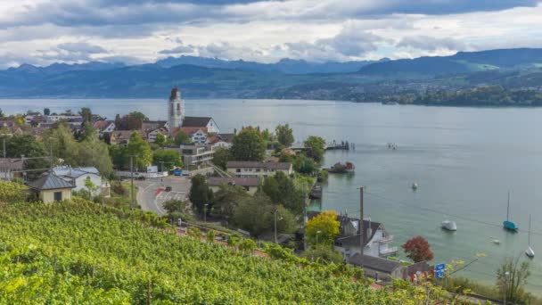 在湖上走过一个欧洲小镇 汽车正在轮渡上登机 瑞士苏黎世州Meilen — 图库视频影像