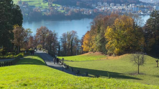 随着时间的流逝 人们在湖边的公园里散步 卢塞恩湖 Vierwaldstttersee 瑞士施维茨州 — 图库视频影像
