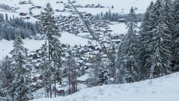 Timelapse Panoramic View Town Mountains Covered Snow Unteriberg Canton Schwyz — Stockvideo