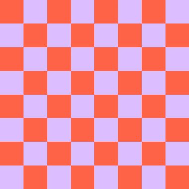 Dama tahtası 8 'e 8. Dama tahtasının lavanta ve domates renkleri. Satranç tahtası, dama tahtası dokusu. Kare deseni. Geçmişi. Tekrarlanabilir doku.