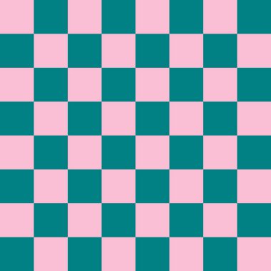 Dama tahtası 8 'e 8. Dama tahtasının Teal ve Pembe renkleri. Satranç tahtası, dama tahtası dokusu. Kare deseni. Geçmişi. Tekrarlanabilir doku.