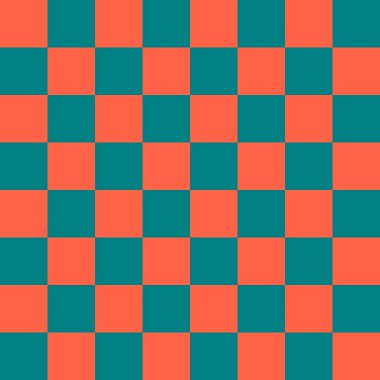 Dama tahtası 8 'e 8. Dama tahtasının Teal ve Domates renkleri. Satranç tahtası, dama tahtası dokusu. Kare deseni. Geçmişi. Tekrarlanabilir doku.