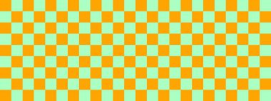 Dama pankartı. Dama tahtasının nane ve turuncu renkleri. Küçük kareler, küçük hücreler. Satranç tahtası, dama tahtası dokusu. Kare deseni. Geçmişi. Tekrarlanabilir doku.