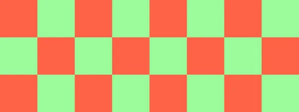 チェッカーボードのバナー チェッカーボードの淡いグリーンとトマトの色 大きな正方形 大きな細胞 チェスボード チェッカーボードのテクスチャ 正方形のパターン 繰り返される質感 — ストック写真