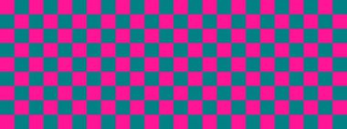 Dama pankartı. Teal ve Dama tahtasının koyu pembe renkleri. Küçük kareler, küçük hücreler. Satranç tahtası, dama tahtası dokusu. Kare deseni. Geçmişi. Tekrarlanabilir doku.