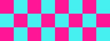 Dama pankartı. Cyan ve Deep Pembe renkli dama tahtası. Büyük kareler, büyük hücreler. Satranç tahtası, dama tahtası dokusu. Kare deseni. Geçmişi. Tekrarlanabilir doku.